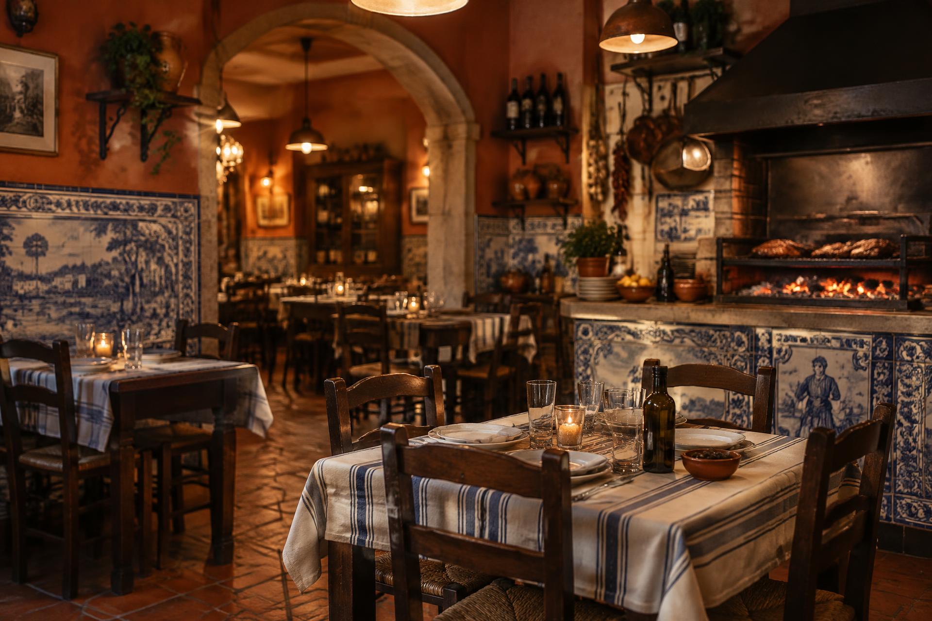Portuguese-inspired restaurant interior with warm lights and azulejo tiles